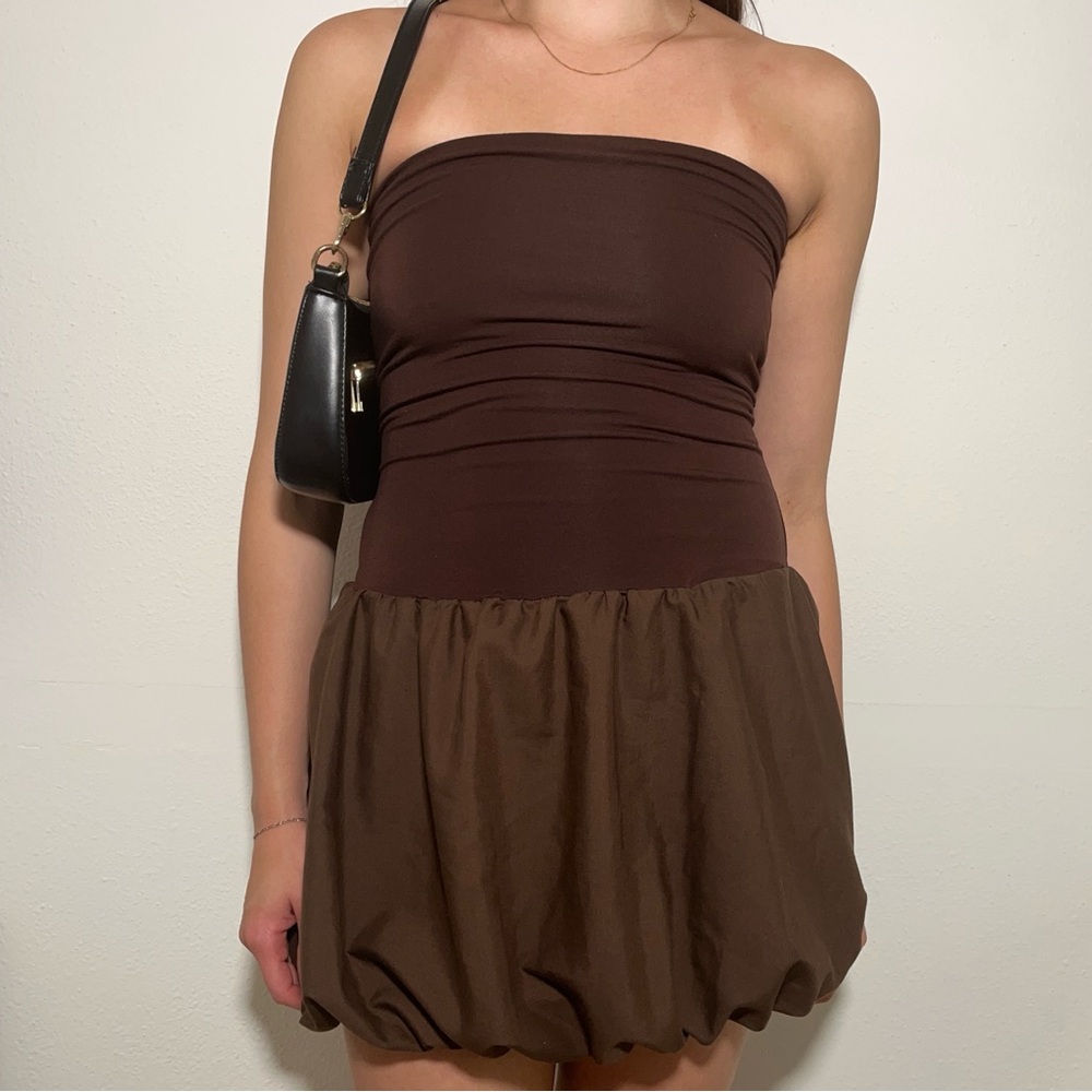 Kimchi Blue Bubble Mini Dress Bandeau Strapless Chocolate Brown Size Small